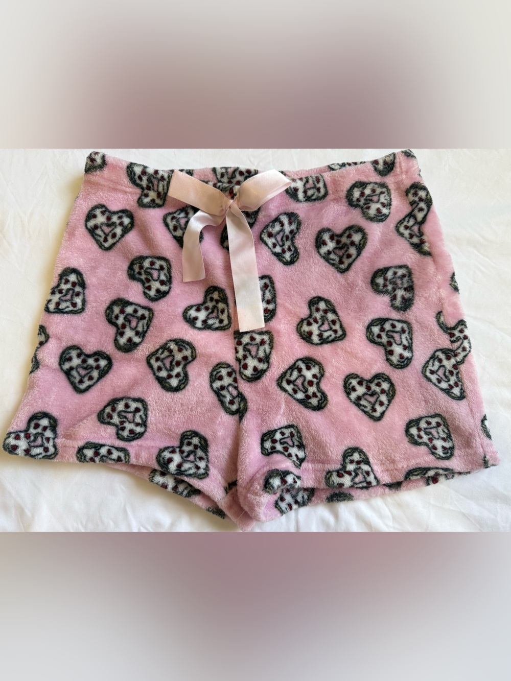 Plush Pink Heart-Print Lounge Shorts with Satin Bow